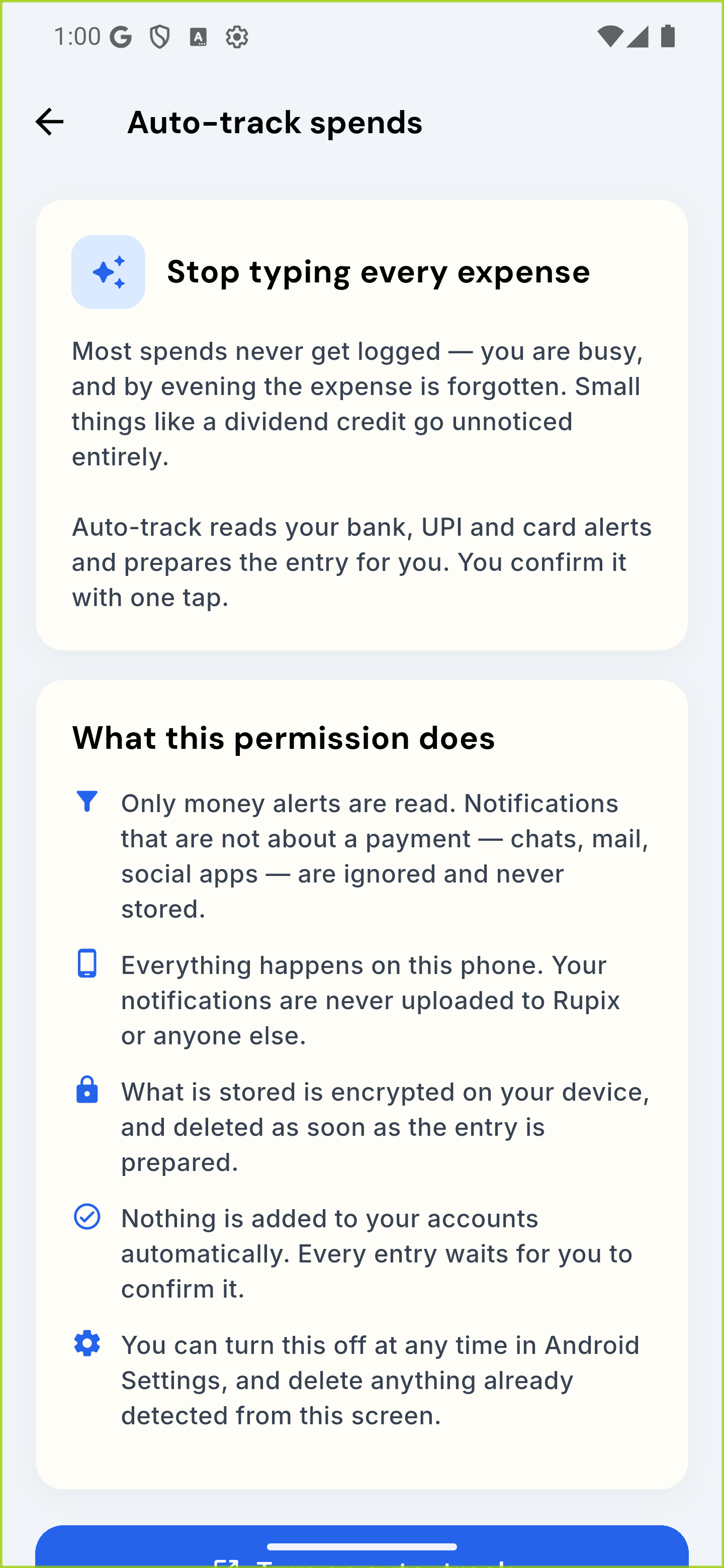 Auto-track spends explanation screen, shown before any permission is asked: “Stop typing every expense” and “What this permission does” with five points