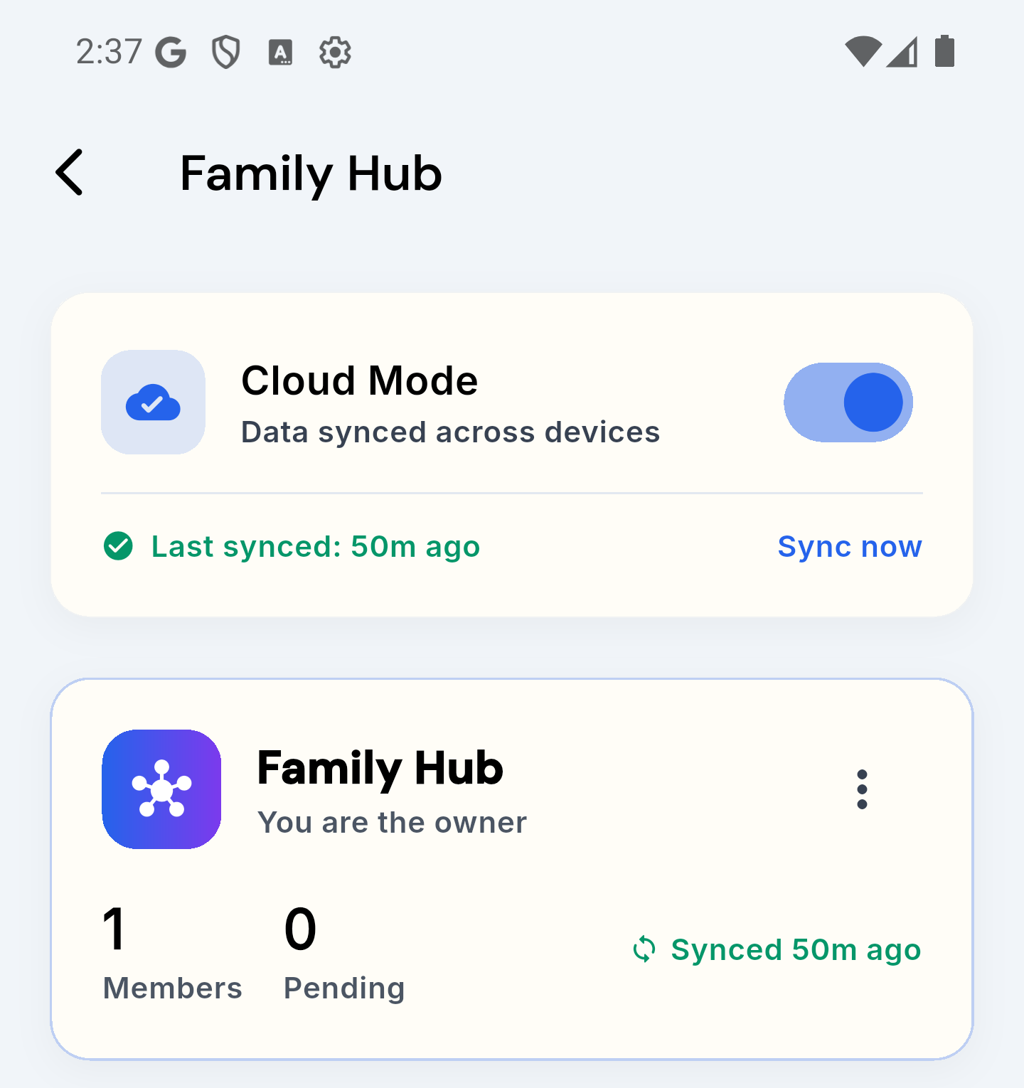 Family Hub with Cloud Mode switched on (“Data synced across devices”, last synced 50m ago, Sync now) and a hub card showing “You are the owner”, 1 member and 0 pending invites